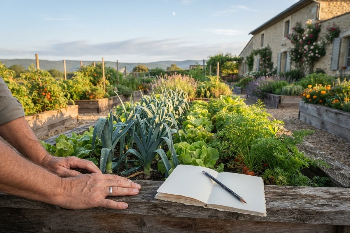 Carnet ouvert et crayon posés sur la bordure d'un carré potager de poireaux et de salades, lune pâle dans le ciel
