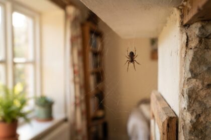 Une araignée sur sa toile dans l'angle d'une pièce, près d'une fenêtre à la lumière douce de fin d'été.