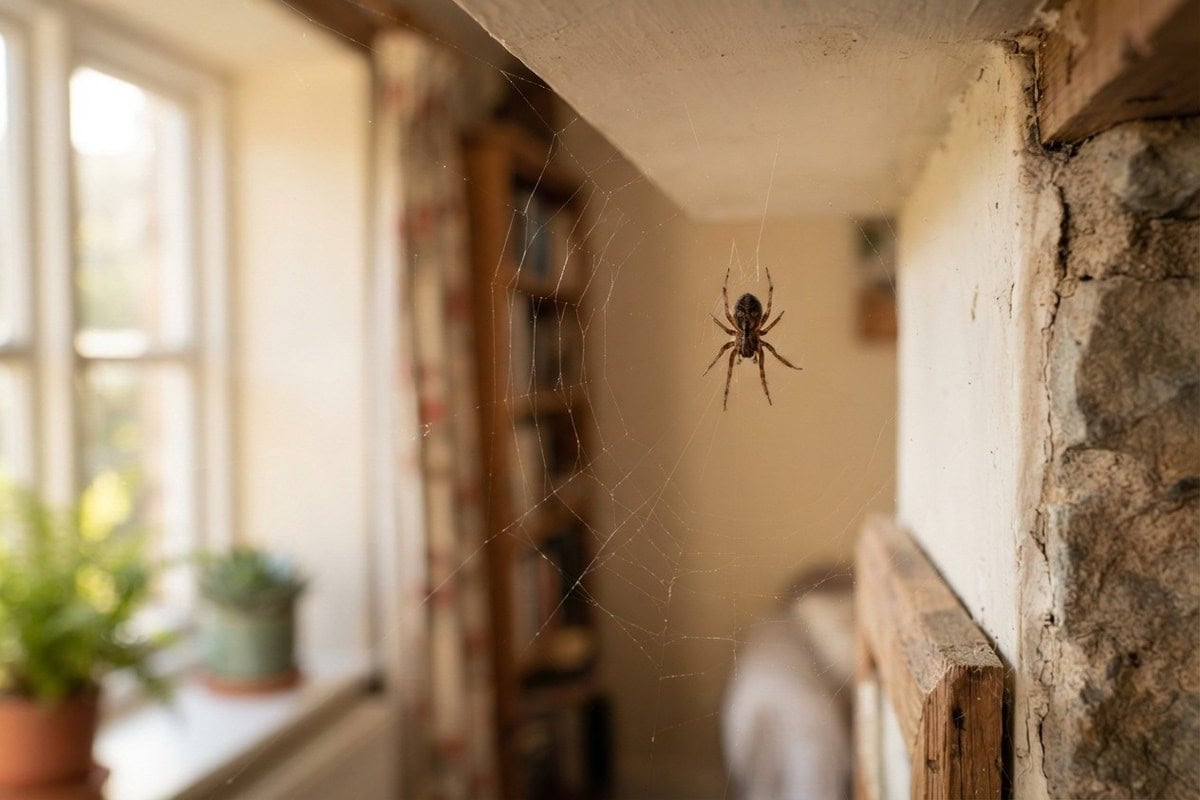 Une araignée sur sa toile dans l'angle d'une pièce, près d'une fenêtre à la lumière douce de fin d'été.
