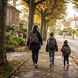 Un adulte et deux enfants avec des sacs à dos marchent sur un trottoir bordé d'arbres en automne