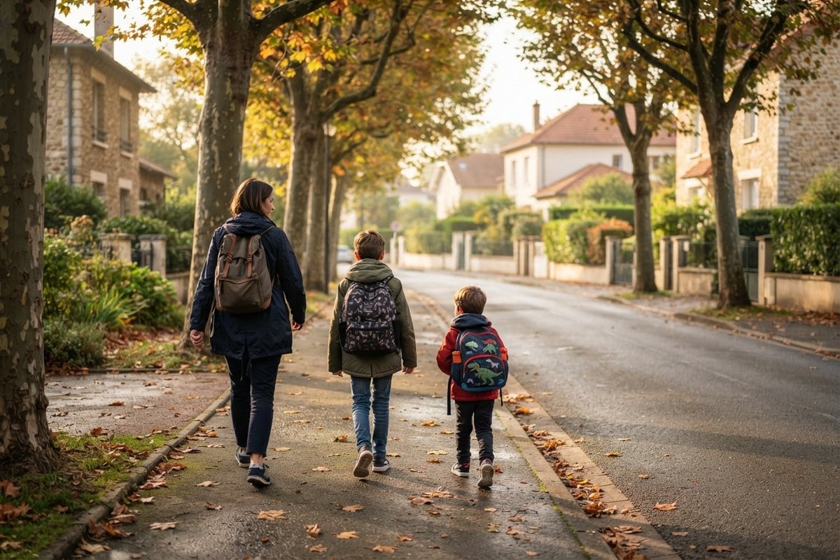Un adulte et deux enfants avec des sacs à dos marchent sur un trottoir bordé d'arbres en automne