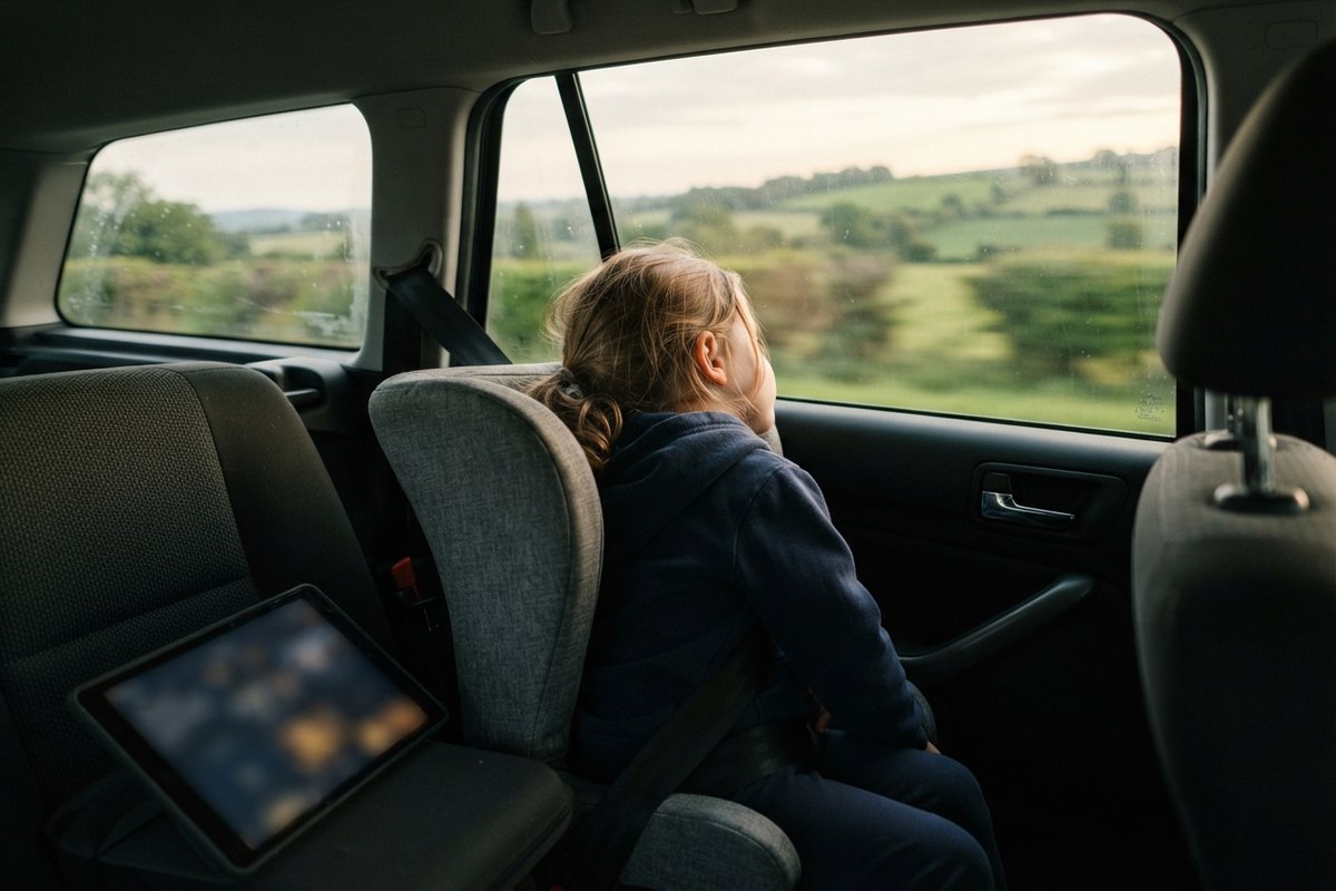 Un enfant assis à l'arrière d'une voiture regarde la campagne défiler par la vitre, une tablette posée devant lui