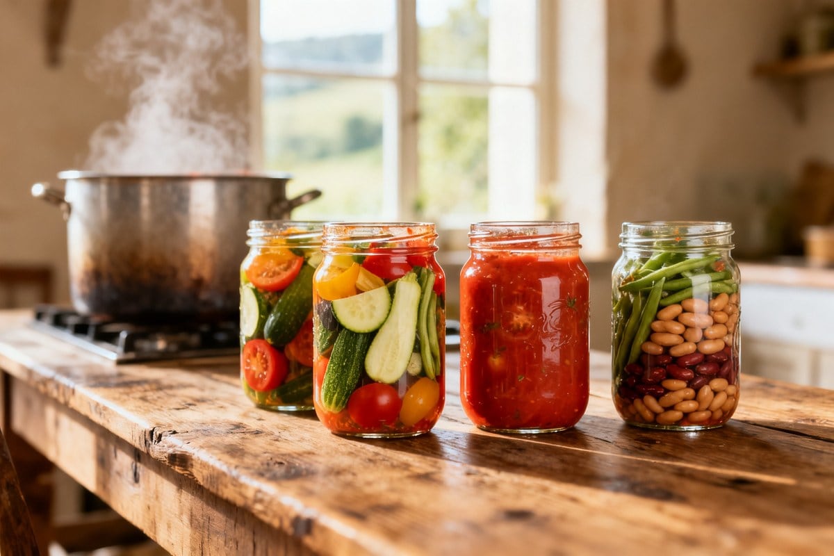 Quatre bocaux en verre remplis de légumes, sauce tomate et haricots, alignés sur une table en bois, marmite fumante en fond.
