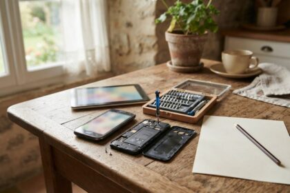 Téléphone démonté avec sa batterie, coffret de tournevis, smartphone et tablette sur une table en bois