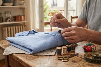 Deux mains recousent un bouton sur une chemise bleue pliée, près de bobines de fil et de ciseaux.