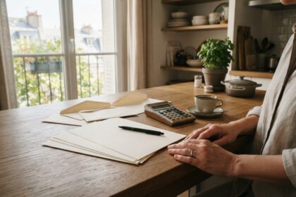 Enveloppes ouvertes, feuilles blanches, calculatrice et tasse de café sur une table en bois près d'une fenêtre