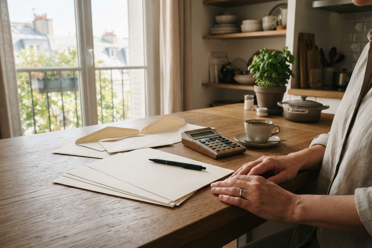 Enveloppes ouvertes, feuilles blanches, calculatrice et tasse de café sur une table en bois près d'une fenêtre
