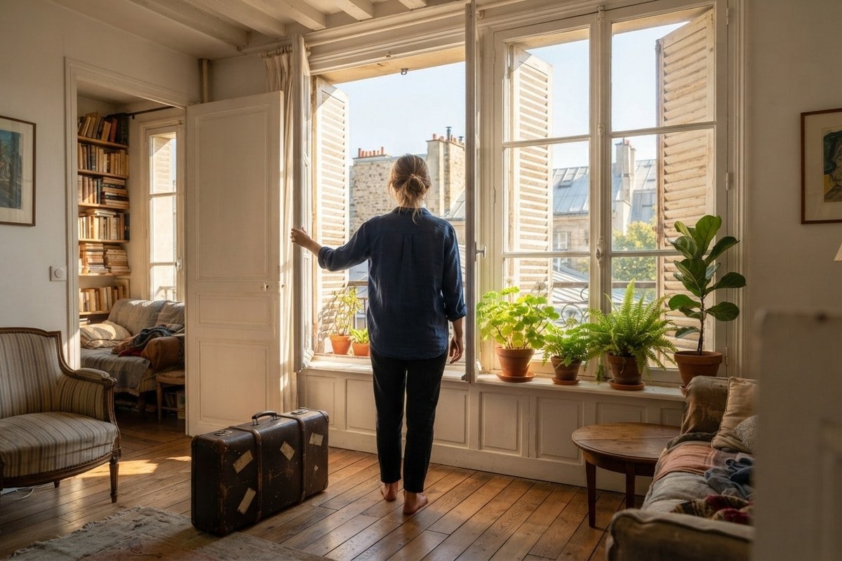 Une personne de dos ouvre la fenêtre d'un salon ensoleillé, une valise posée au sol et des plantes vertes sur le rebord.
