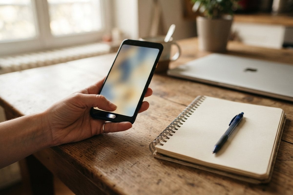Une main tient un smartphone au-dessus d'une table en bois, près d'un carnet à spirale ouvert et d'un stylo