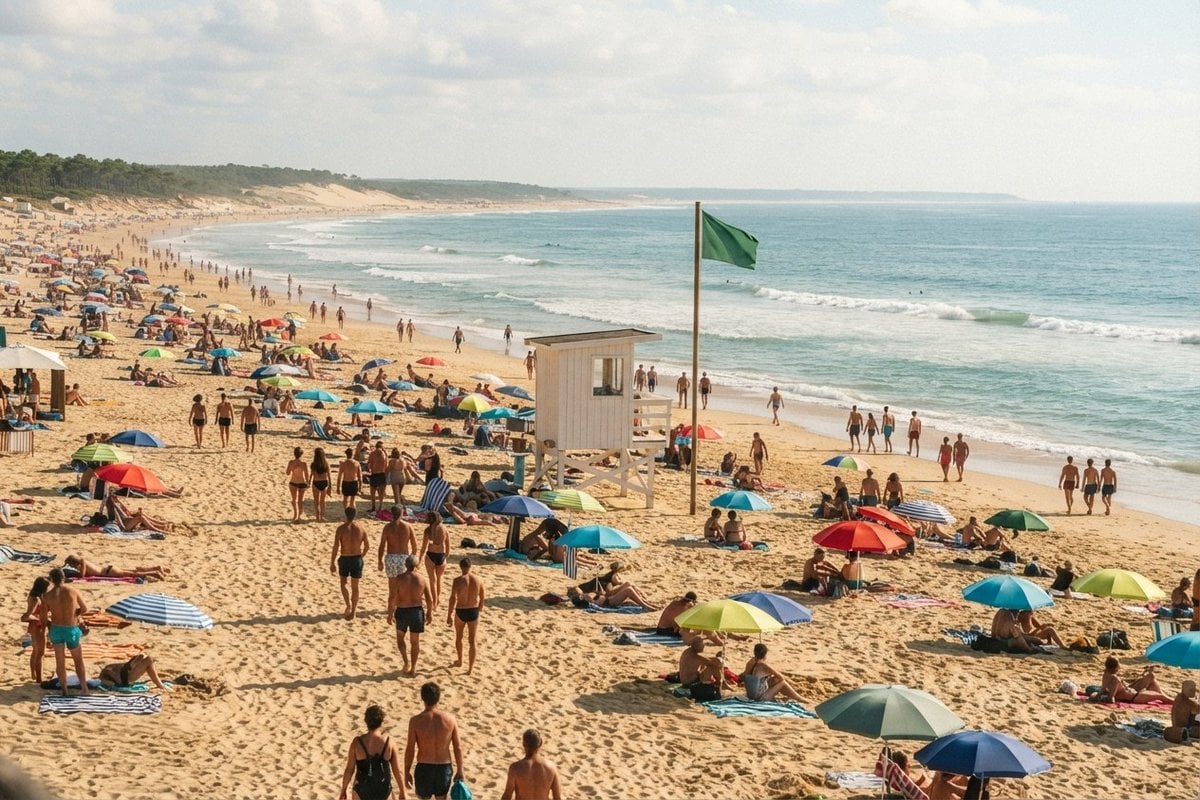 Plage de sable très fréquentée en été, parasols colorés, poste de secours blanc et drapeau vert près des vagues