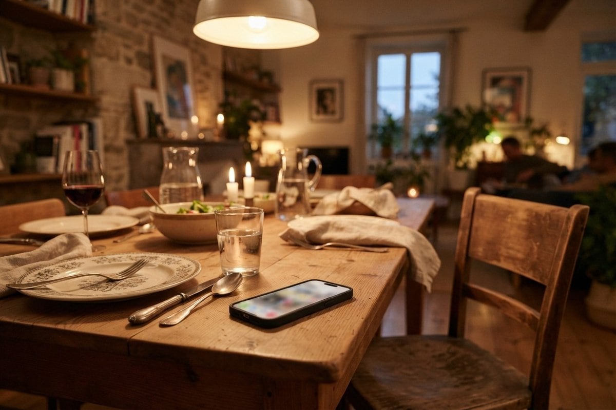 Smartphone posé écran allumé sur une table de dîner en bois dressée, à côté d'une assiette et d'un verre