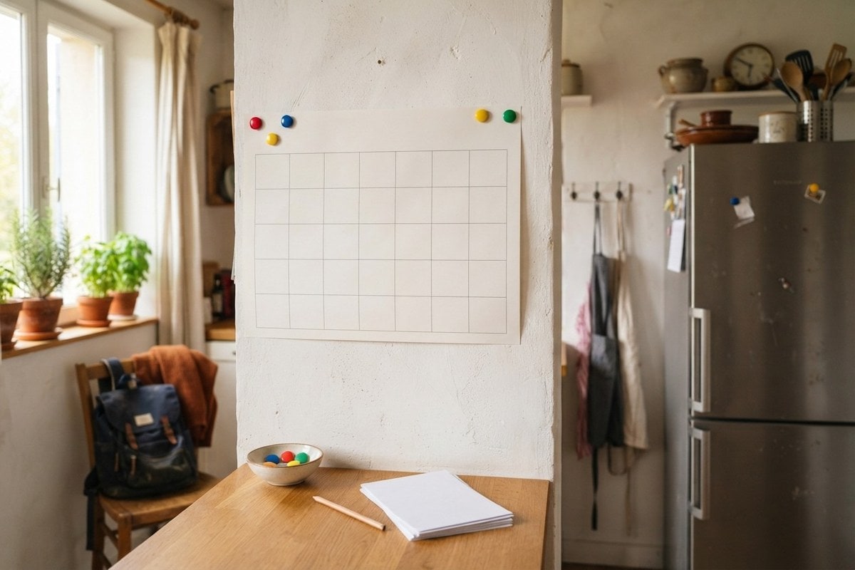 Calendrier mural vierge fixé par des aimants dans une cuisine, cartable posé sur une chaise près de la fenêtre