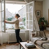 Femme en pull ouvrant grand une fenêtre sur un jardin givré, au-dessus d'un radiateur blanc