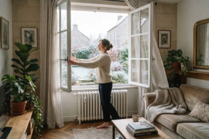 Femme en pull ouvrant grand une fenêtre sur un jardin givré, au-dessus d'un radiateur blanc