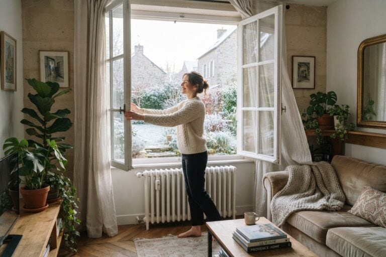 Femme en pull ouvrant grand une fenêtre sur un jardin givré, au-dessus d'un radiateur blanc