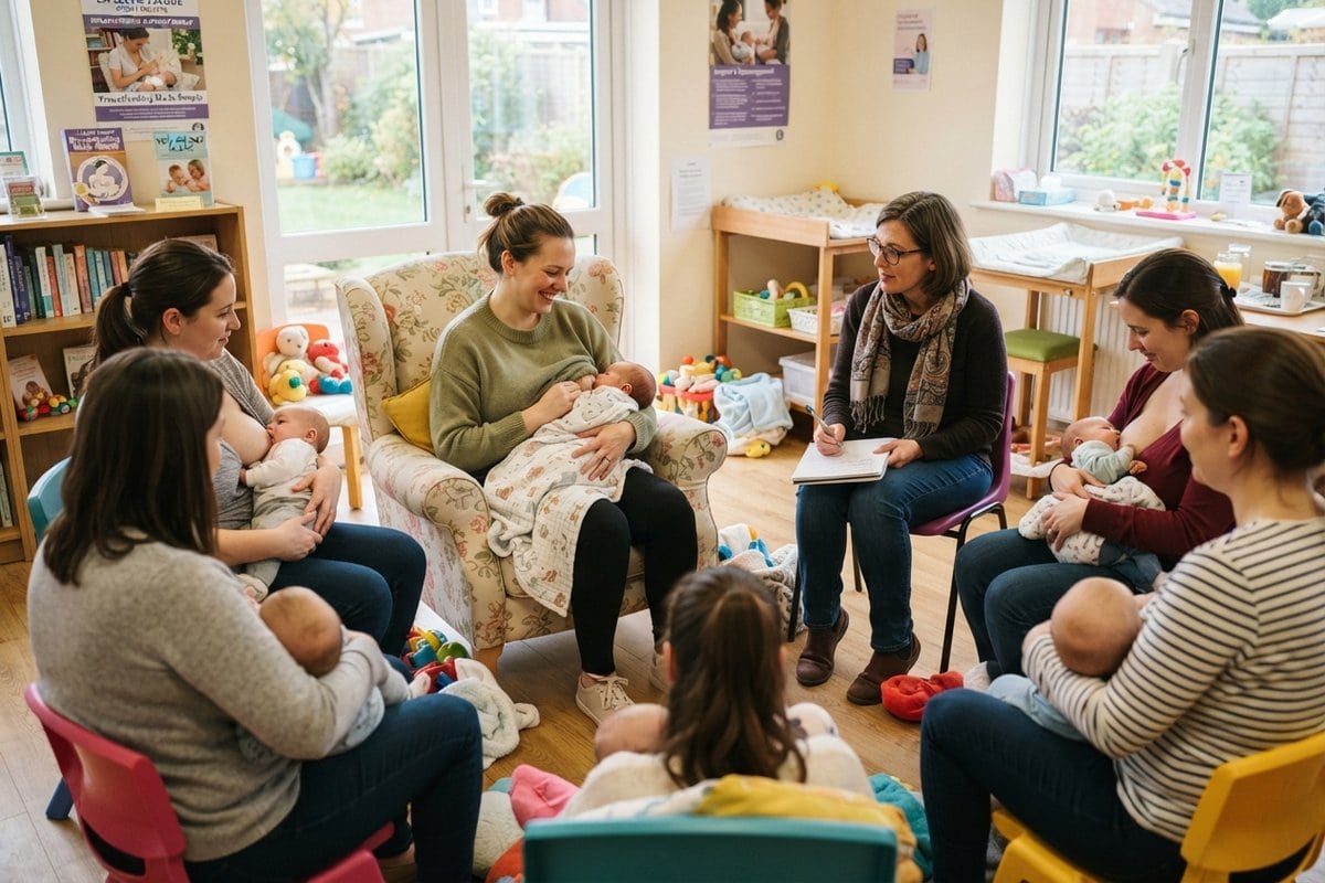 Mères allaitant leurs bébés assises en cercle lors d'une réunion de soutien, une animatrice prenant des notes