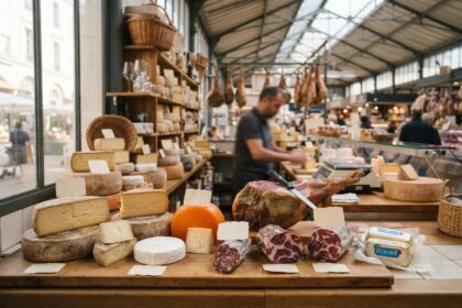 Étal de fromager sous une halle de marché : meules, saucissons et jambons suspendus