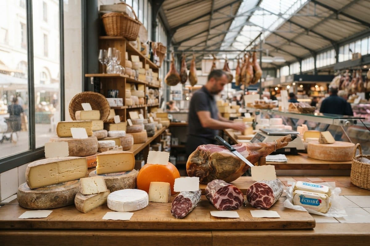 Étal de fromager sous une halle de marché : meules, saucissons et jambons suspendus