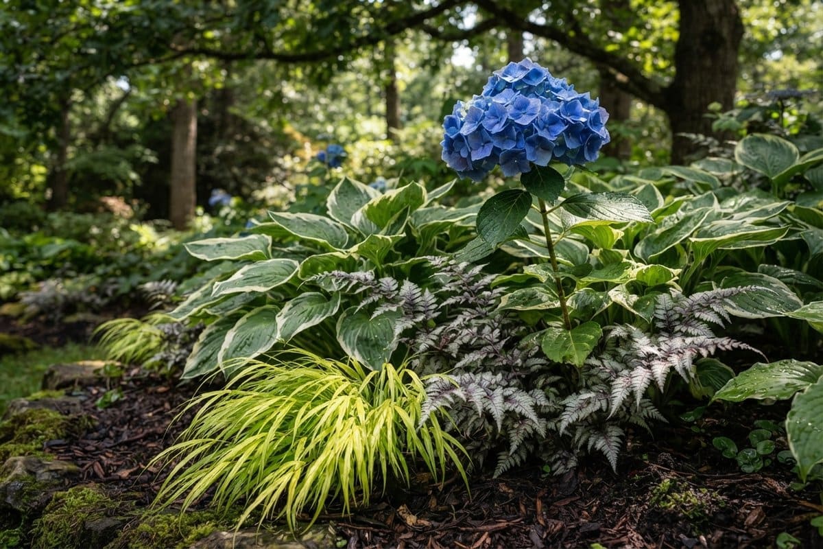Fleur d'hortensia bleu au-dessus de hostas panachés, de fougères argentées et d'une graminée dorée