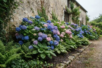 Massif d'hortensias bleus et roses le long d'un mur de pierre, avec hostas et fougères à leur pied