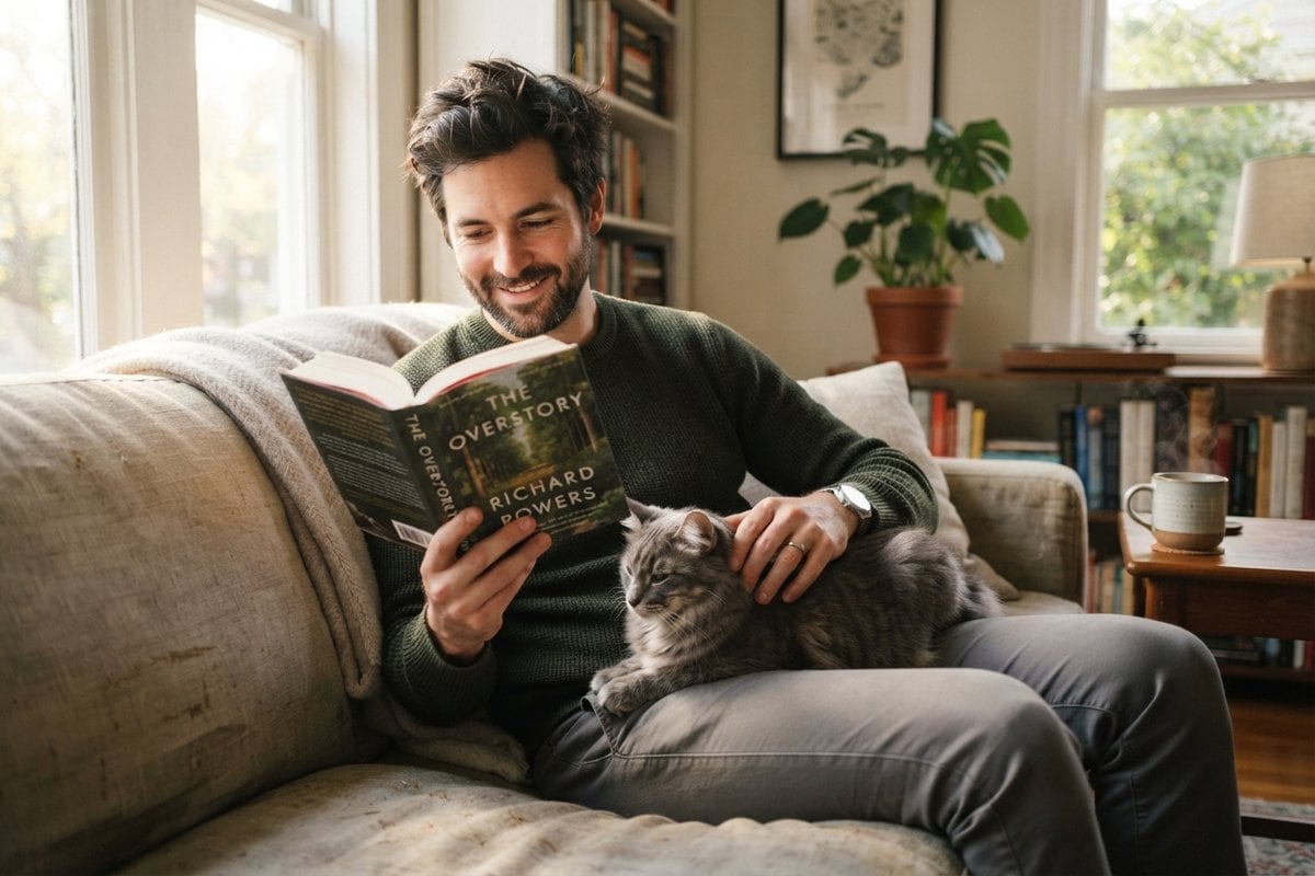 Homme lisant un livre sur un canapé en caressant un chat gris installé sur ses genoux