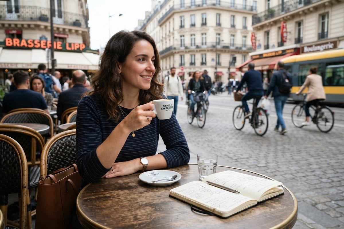 Femme souriante buvant un café en terrasse le matin, un carnet ouvert sur la table et une rue animée derrière elle