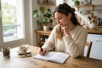 Jeune femme notant des dates dans un carnet à la table de la cuisine, un thermomètre et une tasse de thé à côté