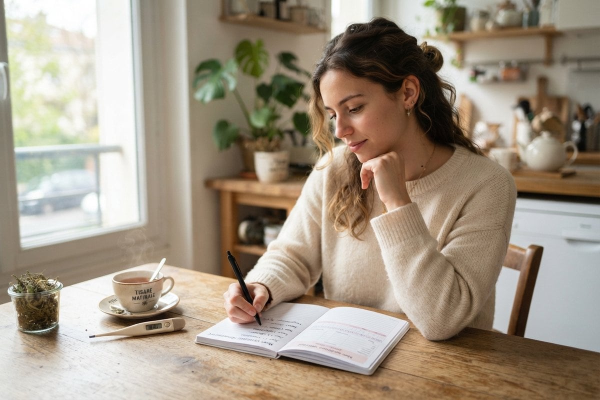 Jeune femme notant des dates dans un carnet à la table de la cuisine, un thermomètre et une tasse de thé à côté