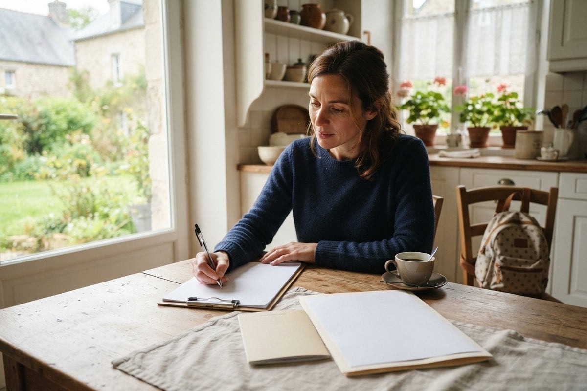 Une femme remplit un formulaire vierge à la table d'une cuisine, un carnet et une chemise posés devant elle