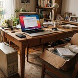 Ordinateur portable ouvert sur un bureau en bois, disque dur externe relié, ancienne tour beige posée au sol