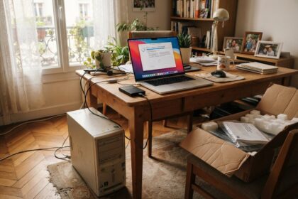 Ordinateur portable ouvert sur un bureau en bois, disque dur externe relié, ancienne tour beige posée au sol