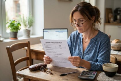 Une femme lit à sa table de cuisine un tableau des garanties d'une complémentaire santé, calculatrice posée à côté.