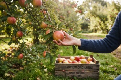 Une main détache une pomme rouge et jaune d'une branche, au-dessus d'un cageot en bois rempli de pommes