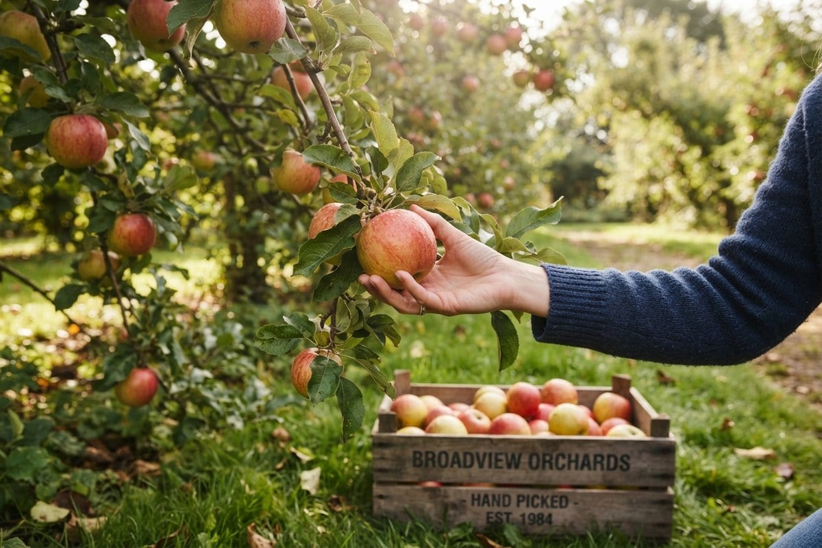 Une main détache une pomme rouge et jaune d'une branche, au-dessus d'un cageot en bois rempli de pommes
