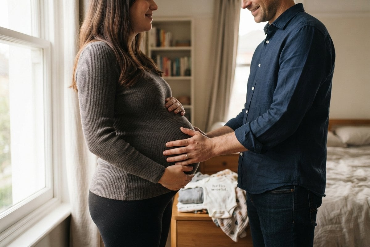 Femme enceinte de profil, les mains de son compagnon posées sur son ventre, dans une chambre lumineuse
