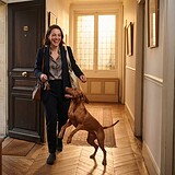 Une femme rentre chez elle, clés à la main, et son chien fauve saute vers elle dans le couloir