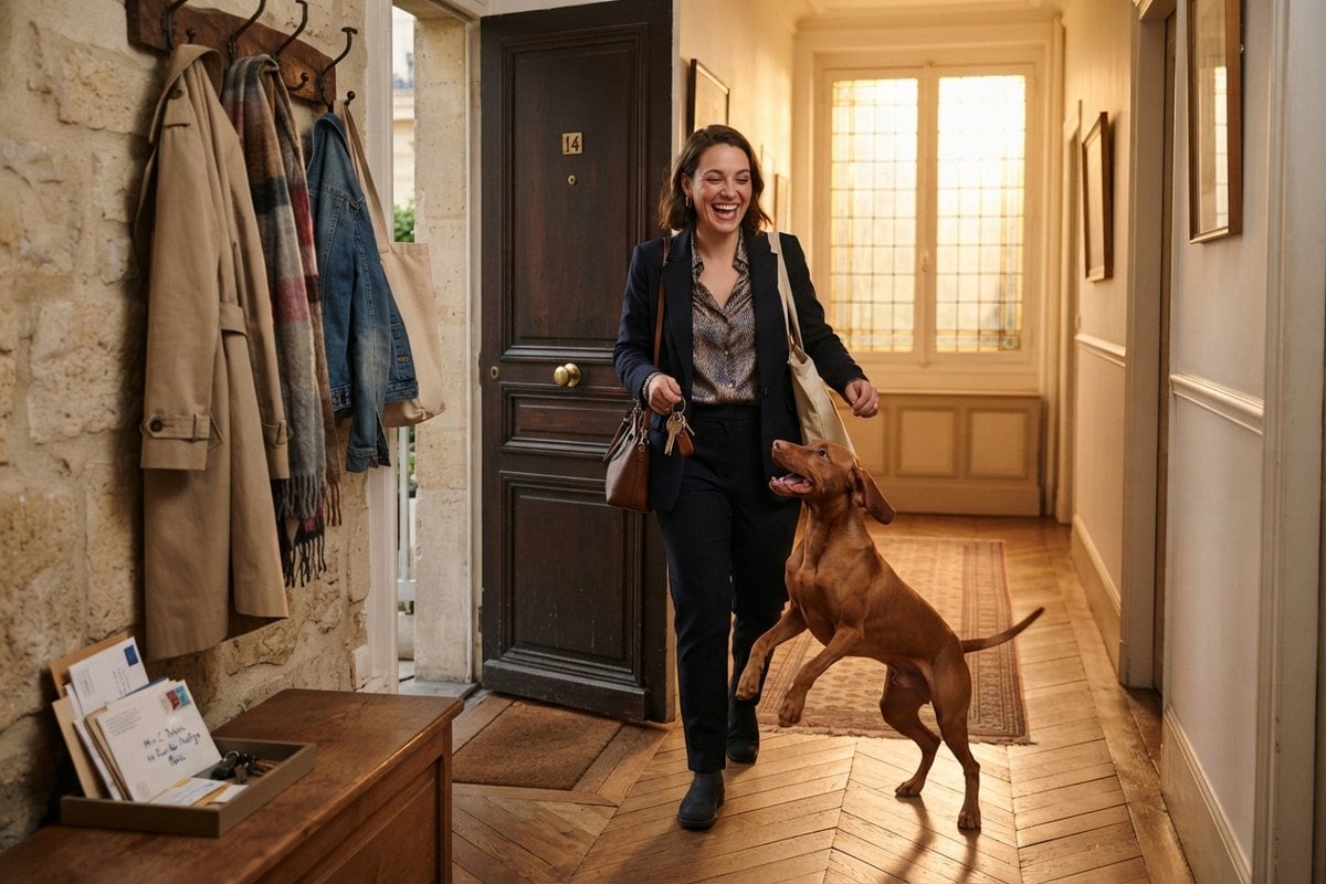 Une femme rentre chez elle, clés à la main, et son chien fauve saute vers elle dans le couloir