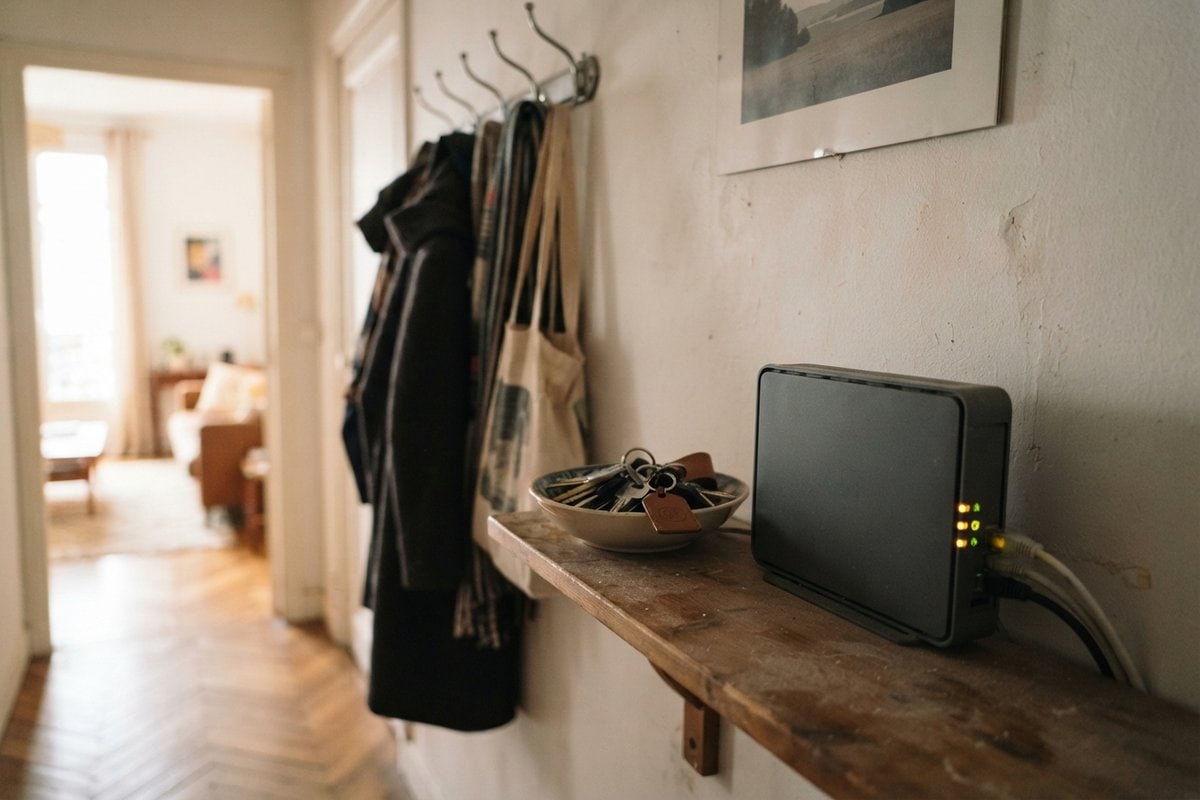 Box internet noire aux voyants allumés, posée sur une étagère en bois dans le couloir d'un appartement