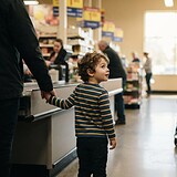 Un jeune enfant tenant la main d'un adulte à une caisse de supermarché regarde un homme en fauteuil roulant dans l'allée