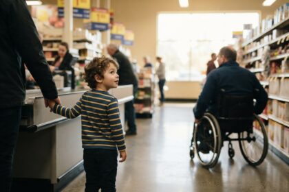 Un jeune enfant tenant la main d'un adulte à une caisse de supermarché regarde un homme en fauteuil roulant dans l'allée