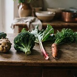 Poireau coupé, pomme de terre germée, brocoli, tige de rhubarbe et carotte alignés sur une table en bois