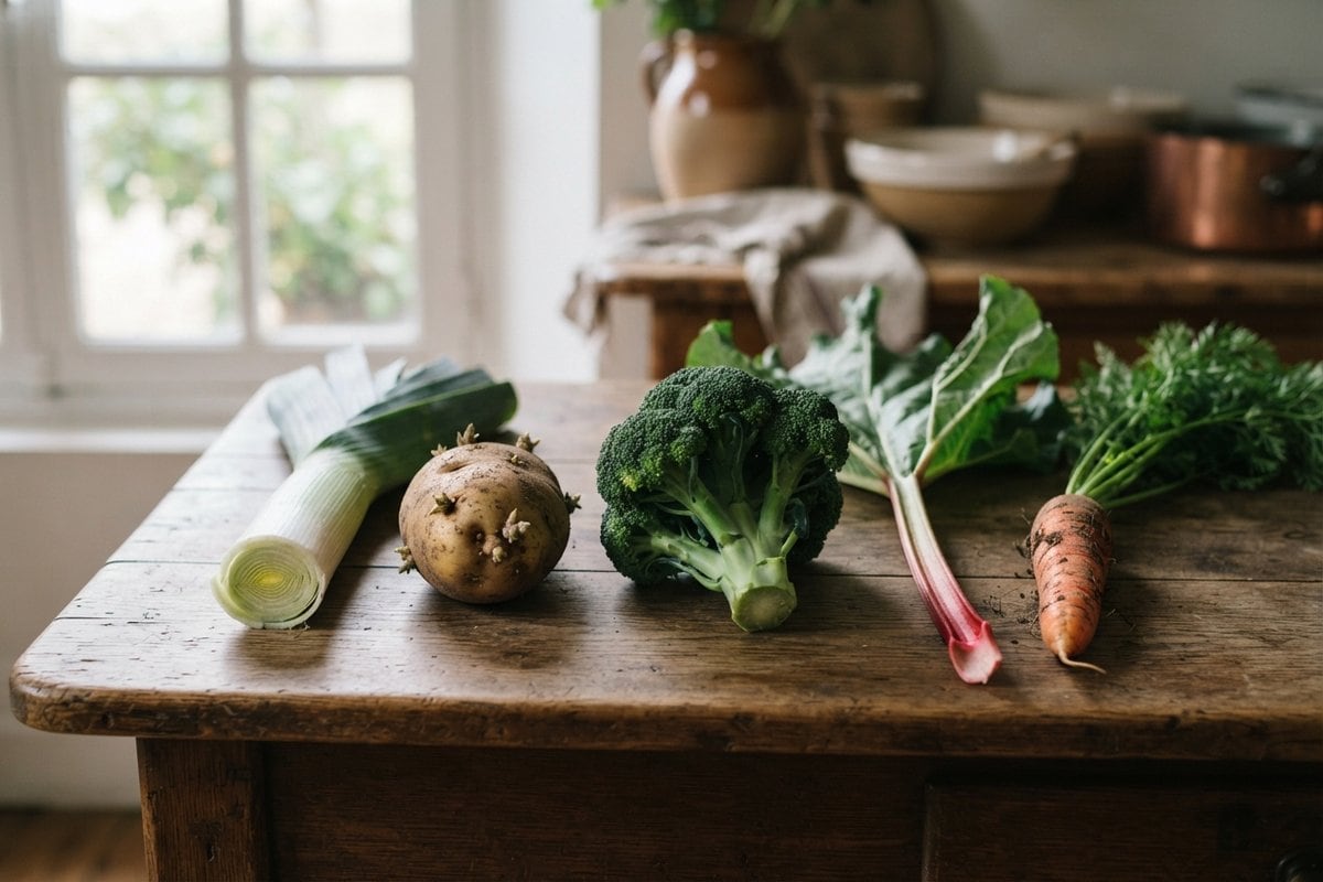 Poireau coupé, pomme de terre germée, brocoli, tige de rhubarbe et carotte alignés sur une table en bois