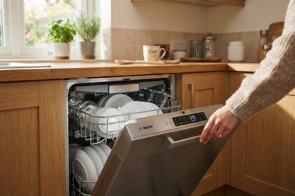 Main refermant un lave-vaisselle Bosch en inox rempli d'assiettes et de verres, dans une cuisine en bois ensoleillée