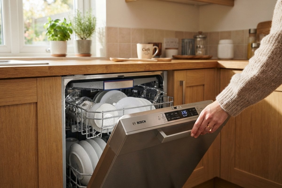 Main refermant un lave-vaisselle Bosch en inox rempli d'assiettes et de verres, dans une cuisine en bois ensoleillée