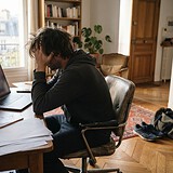 Homme assis à un bureau dans un salon, baskets et sac de sport posés au sol derrière lui