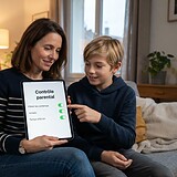 Une mère et son fils sur un canapé regardent une tablette affichant les réglages du contrôle parental