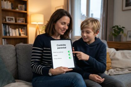 Une mère et son fils sur un canapé regardent une tablette affichant les réglages du contrôle parental