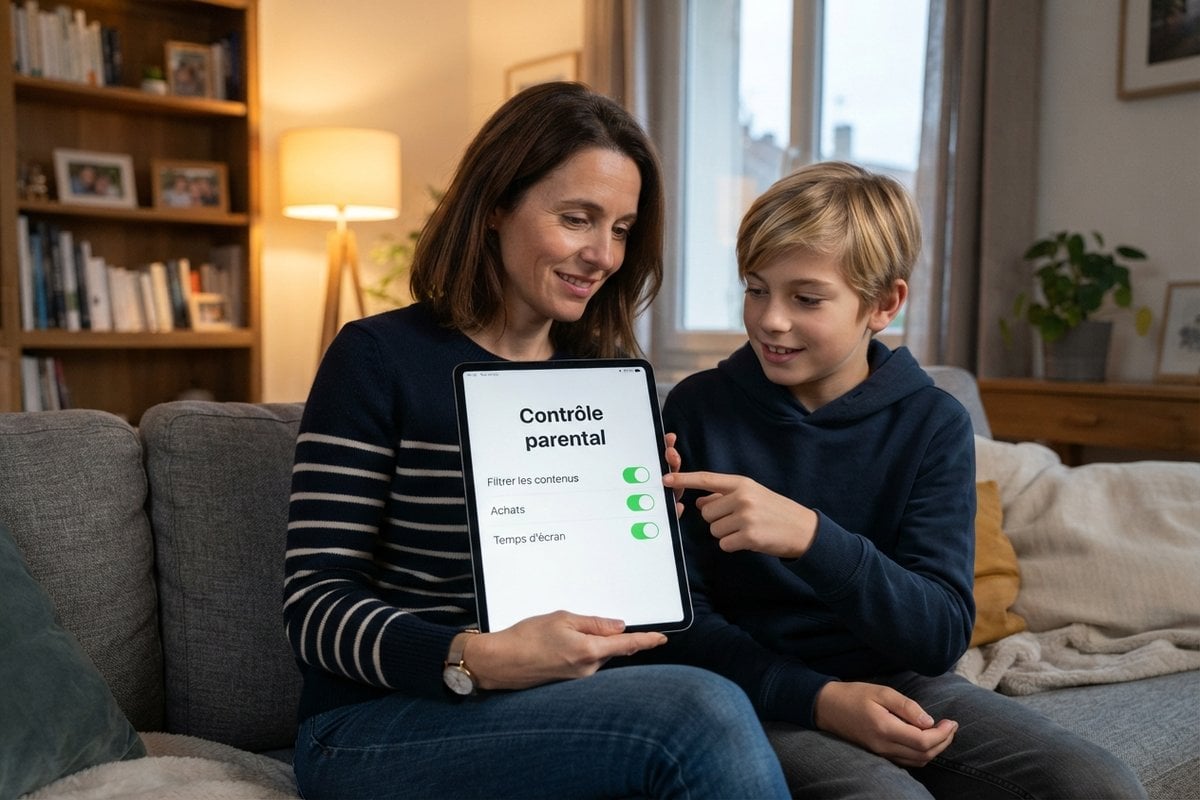 Une mère et son fils sur un canapé regardent une tablette affichant les réglages du contrôle parental