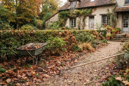 Jardin d'automne couvert de feuilles mortes, avec une brouette et un râteau posé sur l'allée de gravier