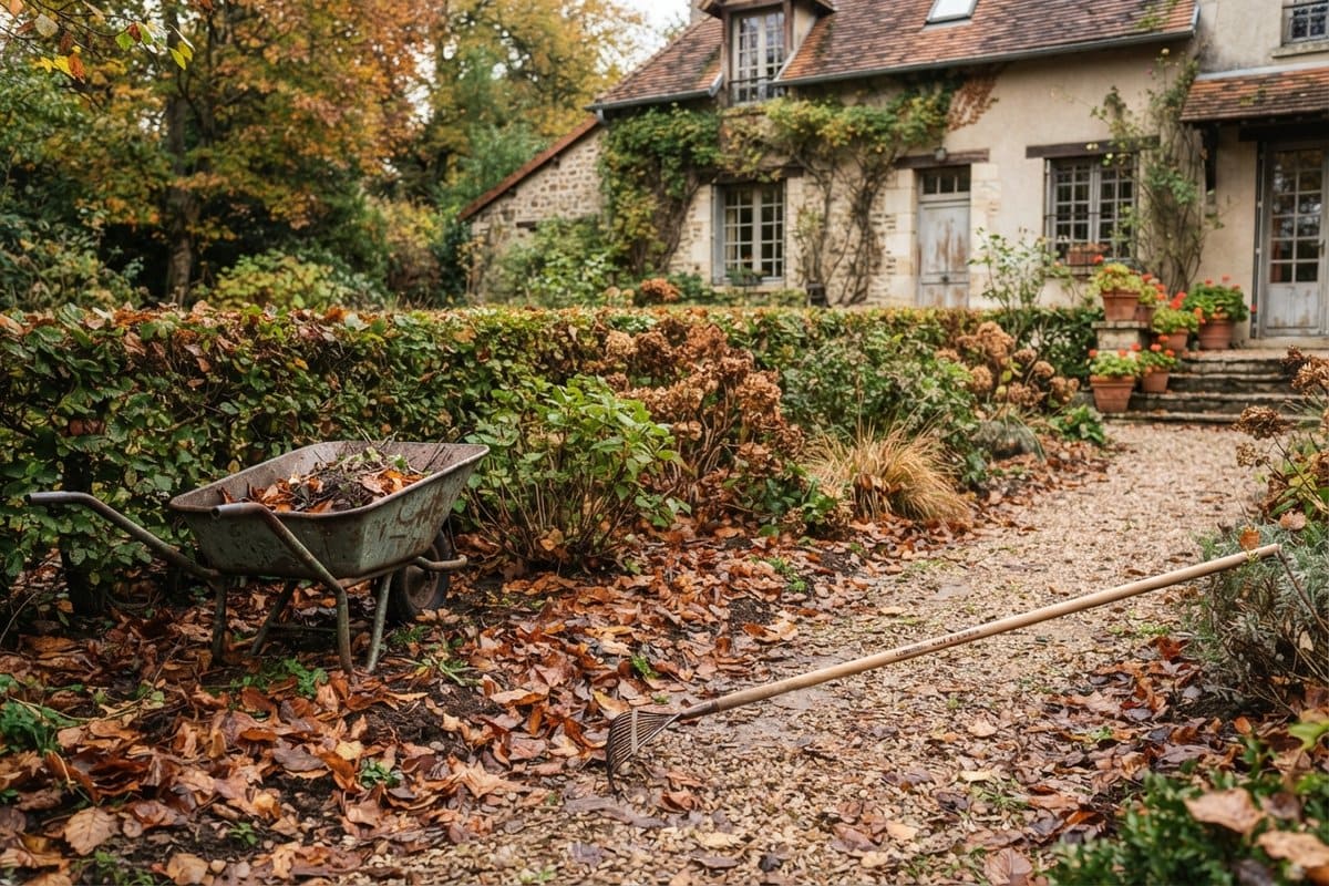 Jardin d'automne couvert de feuilles mortes, avec une brouette et un râteau posé sur l'allée de gravier